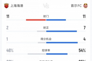 上海海港vs首尔FC全场数据：射门比11-11 射正比2-7