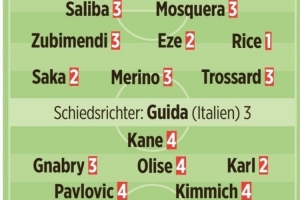 图片报评分：诺伊尔、于帕、莱默尔5分最差 赖斯1分最佳、卡尔2分