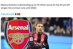 记者：阿森纳有意夏窗引进边锋巴霍亚，法兰克福要价7000万欧