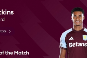 梅开二度助球队逆转，官方：沃特金斯当选维拉4-3布莱顿最佳球员