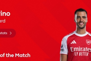 传射建功！英超官方：梅里诺当选阿森纳2-0布伦特福德全场最佳